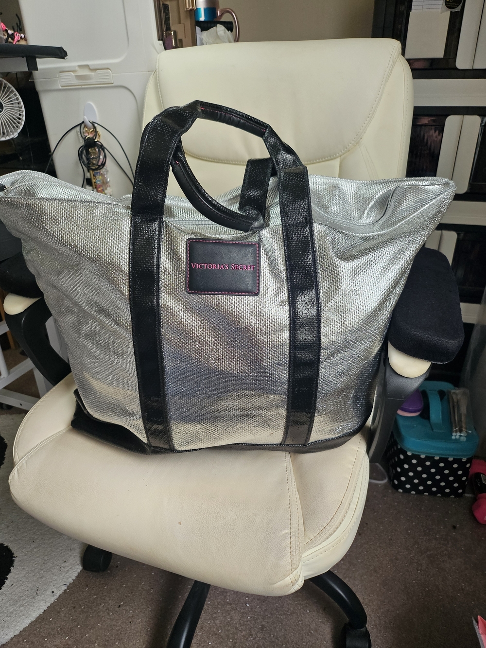 Victoria's Secret Silver Metallic Tote Bag with Black Trim